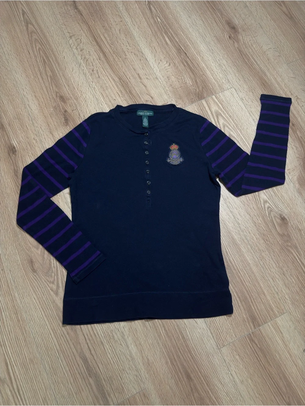 Ralph Lauren Navy Crewneck with Purple Striped Sleeves and Crest